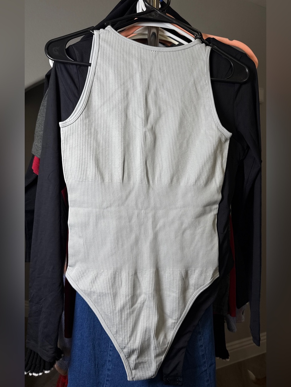 Women Ribbed Tank One-Piece Bodysuit in Light Gray